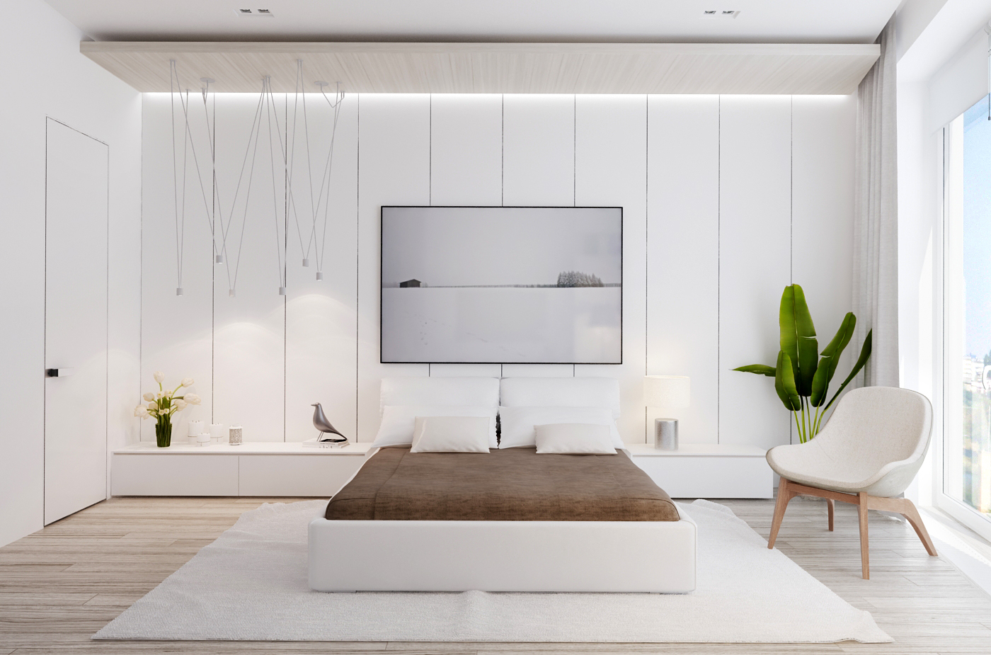 Dekorasi dan reka bentuk bilik tidur moden dengan tema putih