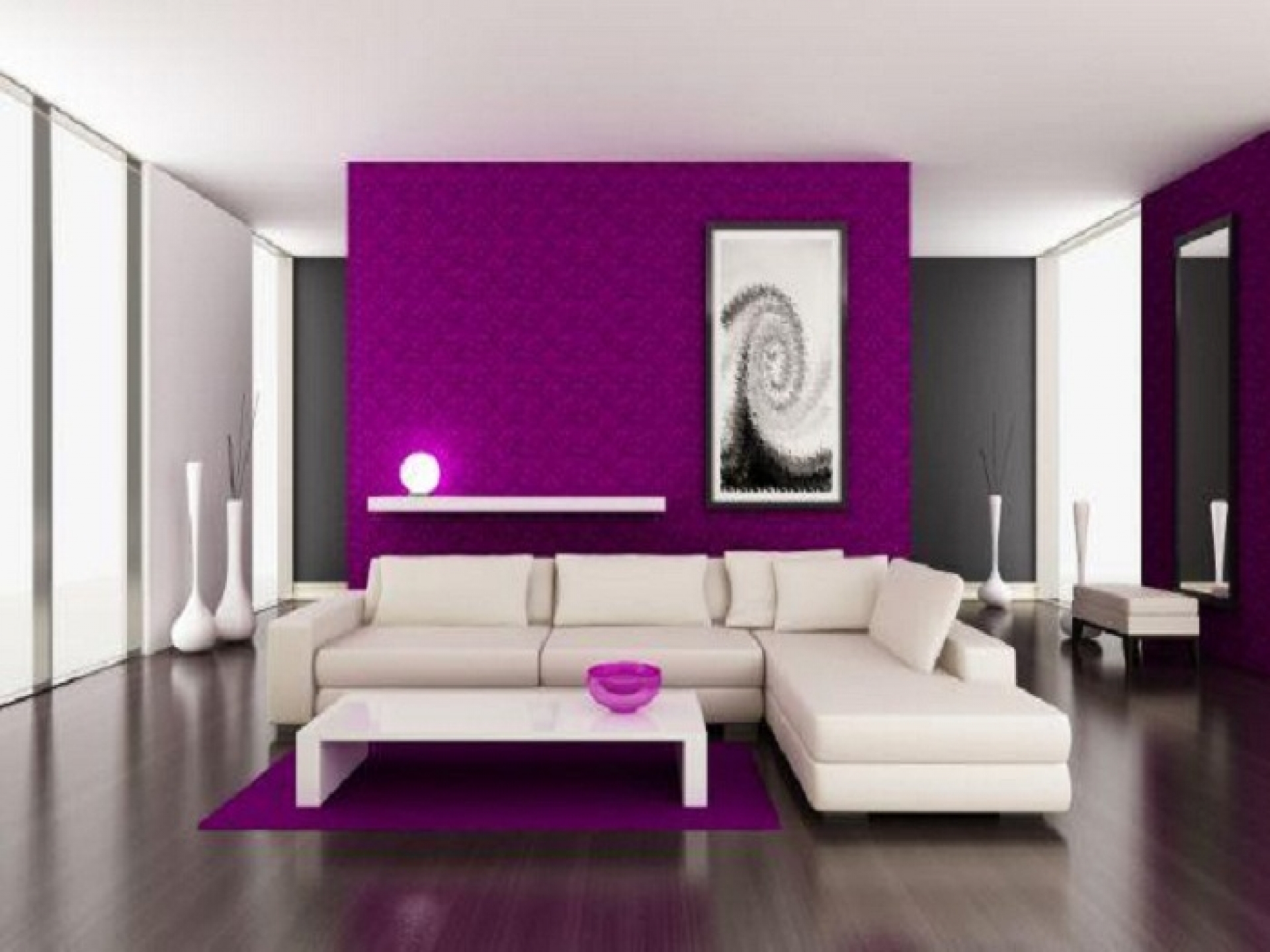 Idea ruang tamu ungu dengan gabungan perabot moden putih menjadikan ruang lebih eksklusif