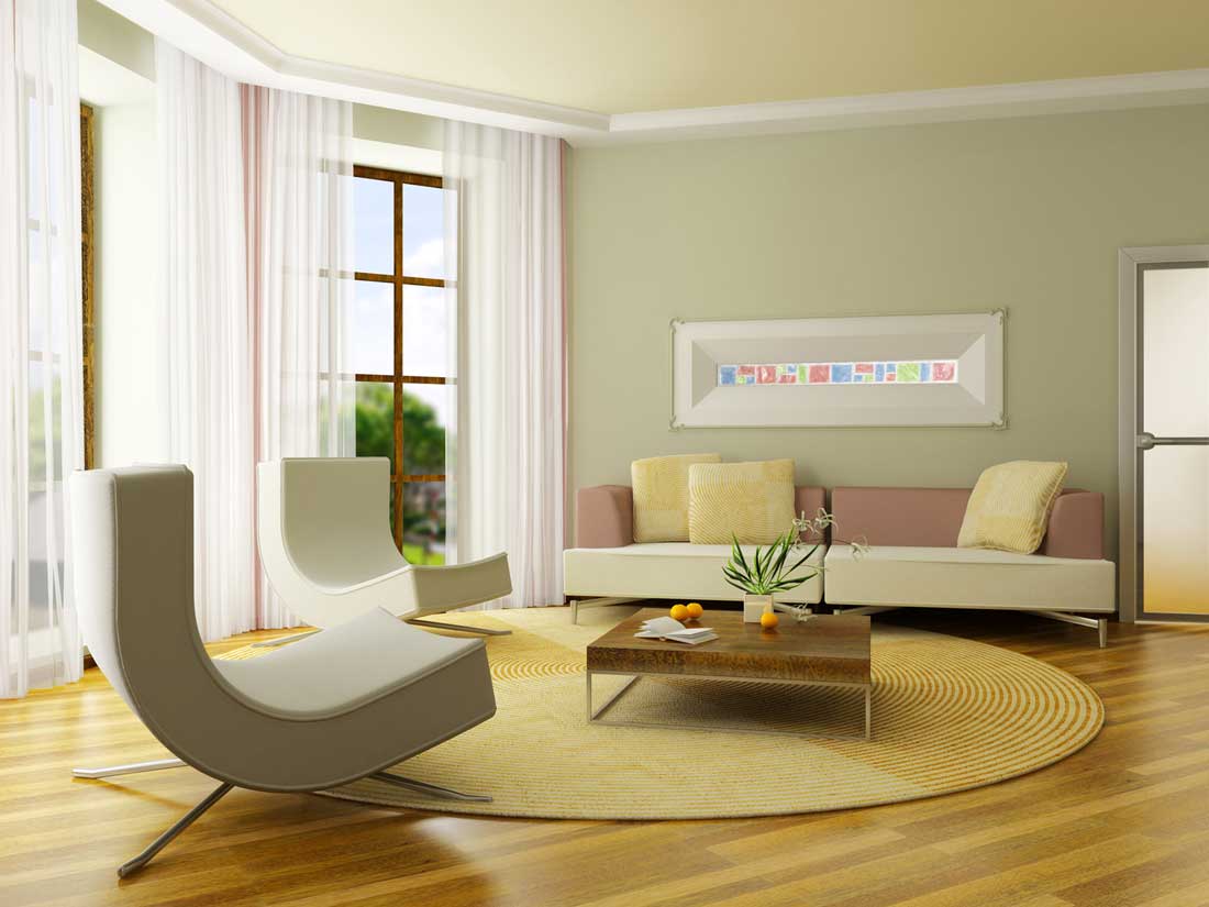 Idea hiasan dalaman ruang tamu dengan langsir jarang dan dinding pastel