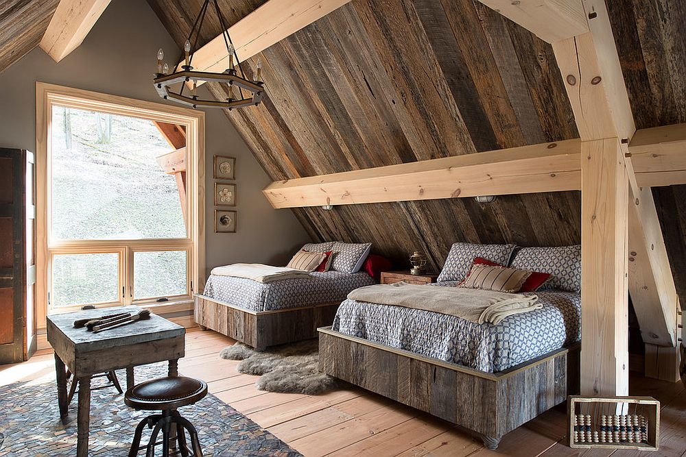 Daya penarik utama dalam bilik tidur ini adalah penggunaan dinding kayu