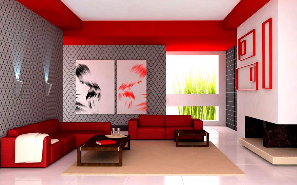 Dekorasi ruang tamu gaya moden dengan warna merah terang