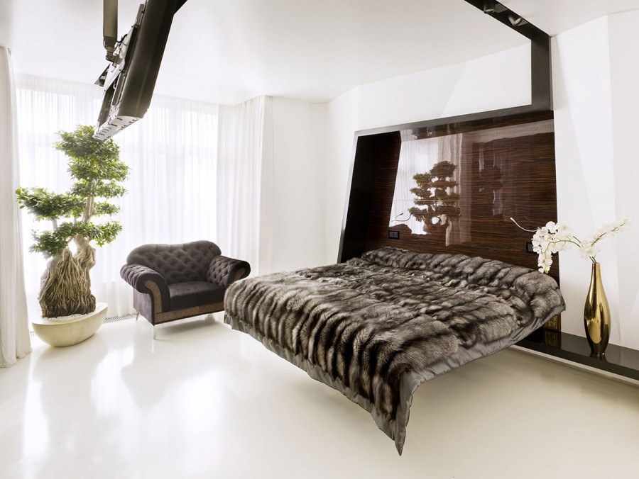 Hiasan bilik tidur gaya moden kontemporari dan mewah dengan katil yang unik