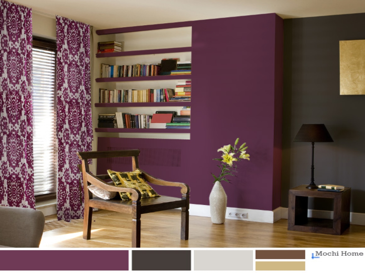 Idea hebat menggunakan warna ungu untuk ruang tamu yang lebih menarik dan moden