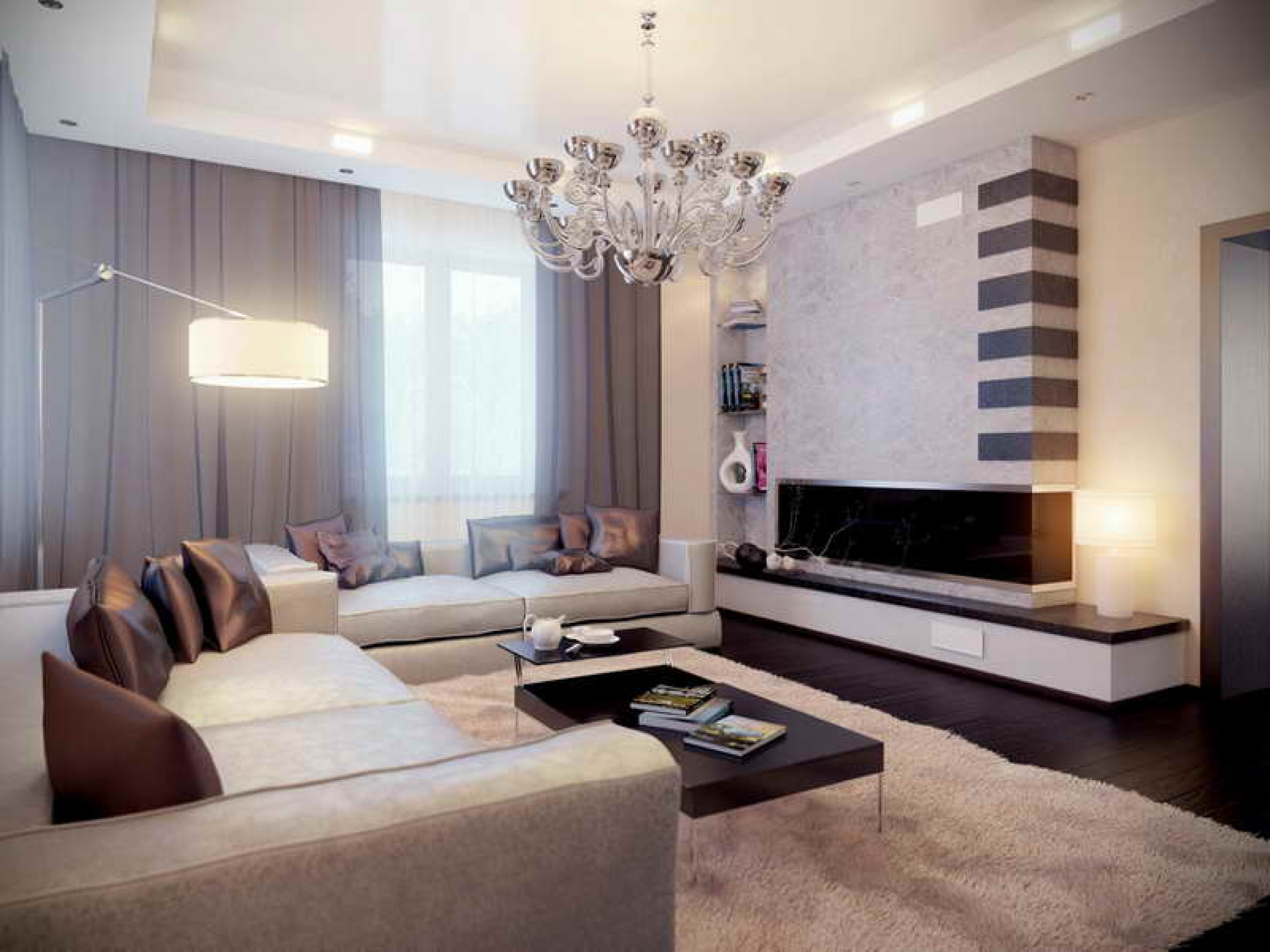 hasil dekorasi moden dengan langsir kosong dan sofa set warna pastel