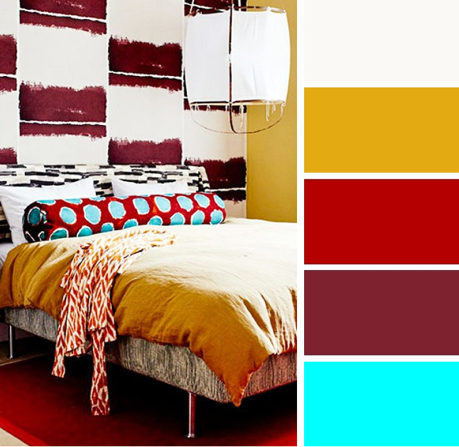 Gabungan warna cat bilik tidur kuning mustard dan merah