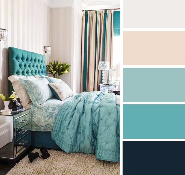 Hiasan dalaman bilik tidur warna beige dan turquoise